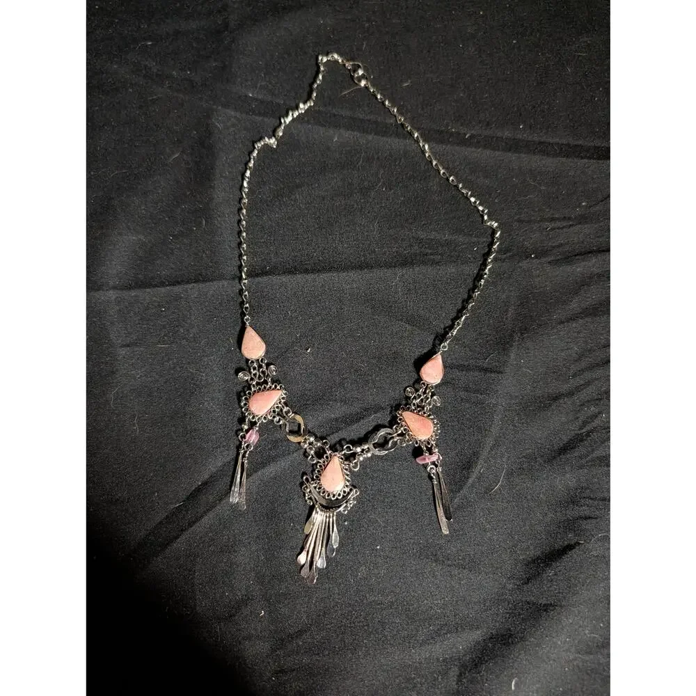 Bohemian Pink Opal Stone Necklace Silver Fringe Western Festival Coquette Y2K